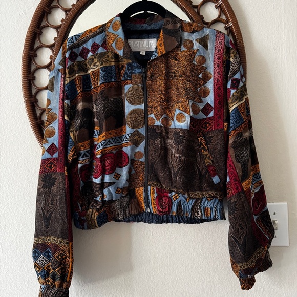 Vintage 90s artsy cropped light weight rayon bomber jacket size Small - Picture 1 of 12